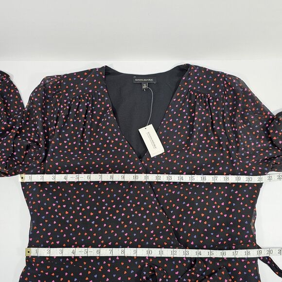 Banana Republic Black Chiffon Heart Print Ruffle Wrap Dress Long Sleeve Size 16 - Picture 8 of 10
